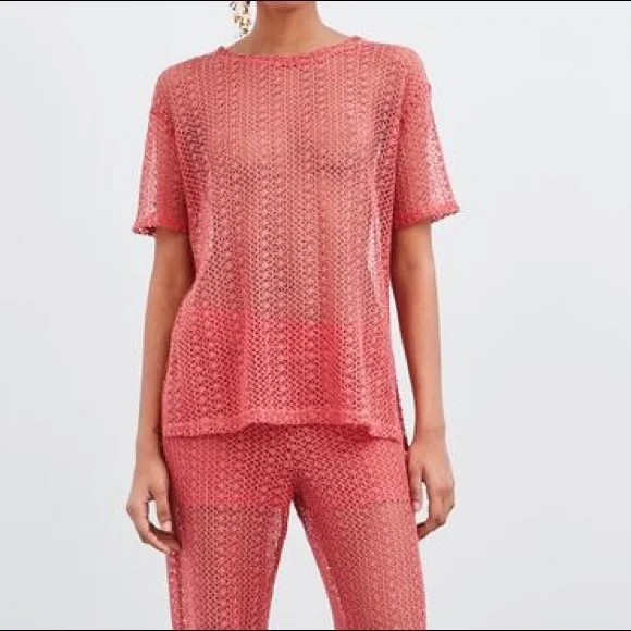 Zara salmon pink 2 pieces lace open knit top and pants NWT - Picture 6 of 6